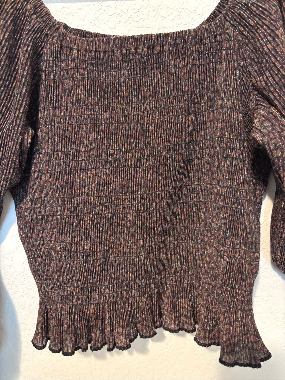 Anthropologie Brown Shimmer Smocked Puff Sleeve Top Women’s Medium Whimsigoth - Picture 5 of 10